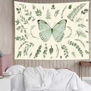 Big Botanical Green Butterfly Art Plants Wall Tapestry Fern Gingko Leaves Ivory